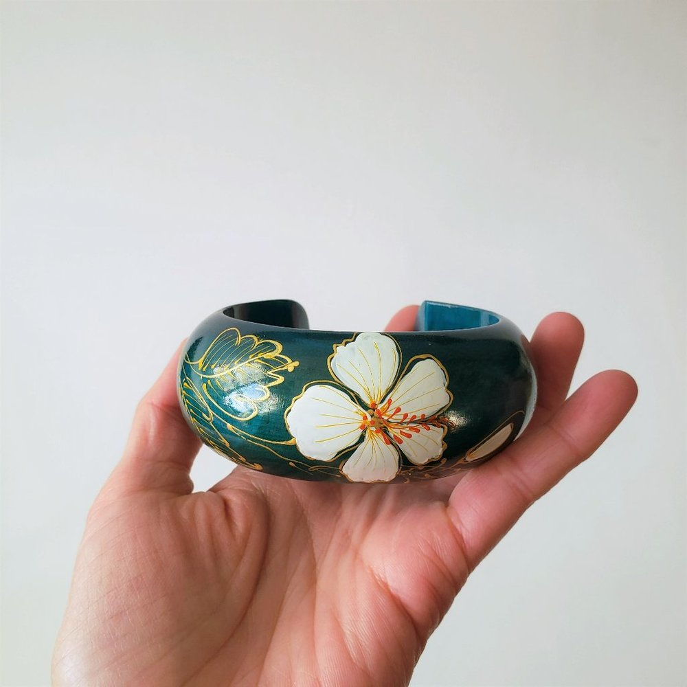 Handpainted Flower Wood Bangle / Bracelet